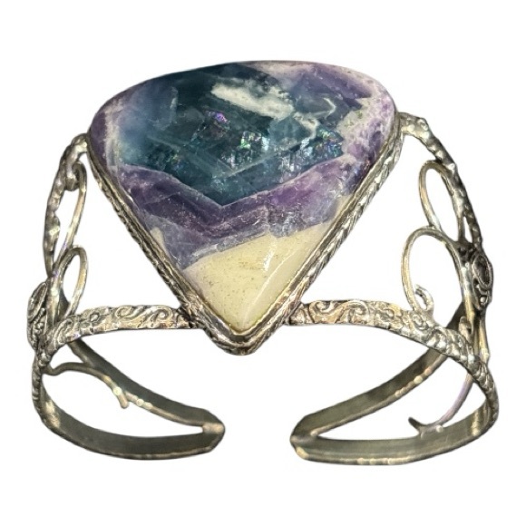 925 Sterling Silver Rainbow Fluorite Pear Shaped Gemstone Boho Cuff Bracelet - Picture 3 of 12